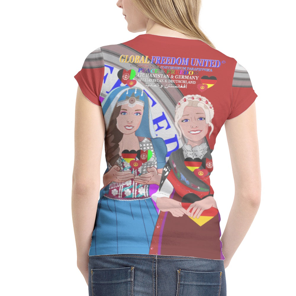 Women´s T-shirt GLOBAL FREEDOM UNITED© AFGHANISTAN & GERMANY Red Version 2