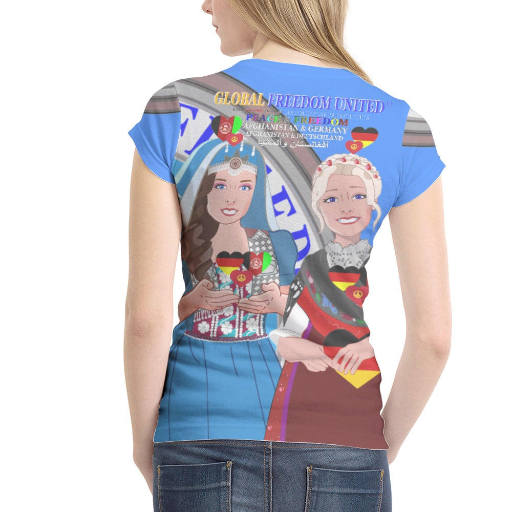 Women´s T-shirt GLOBAL FREEDOM UNITED© AFGHANISTAN & GERMANY Blue Version 2