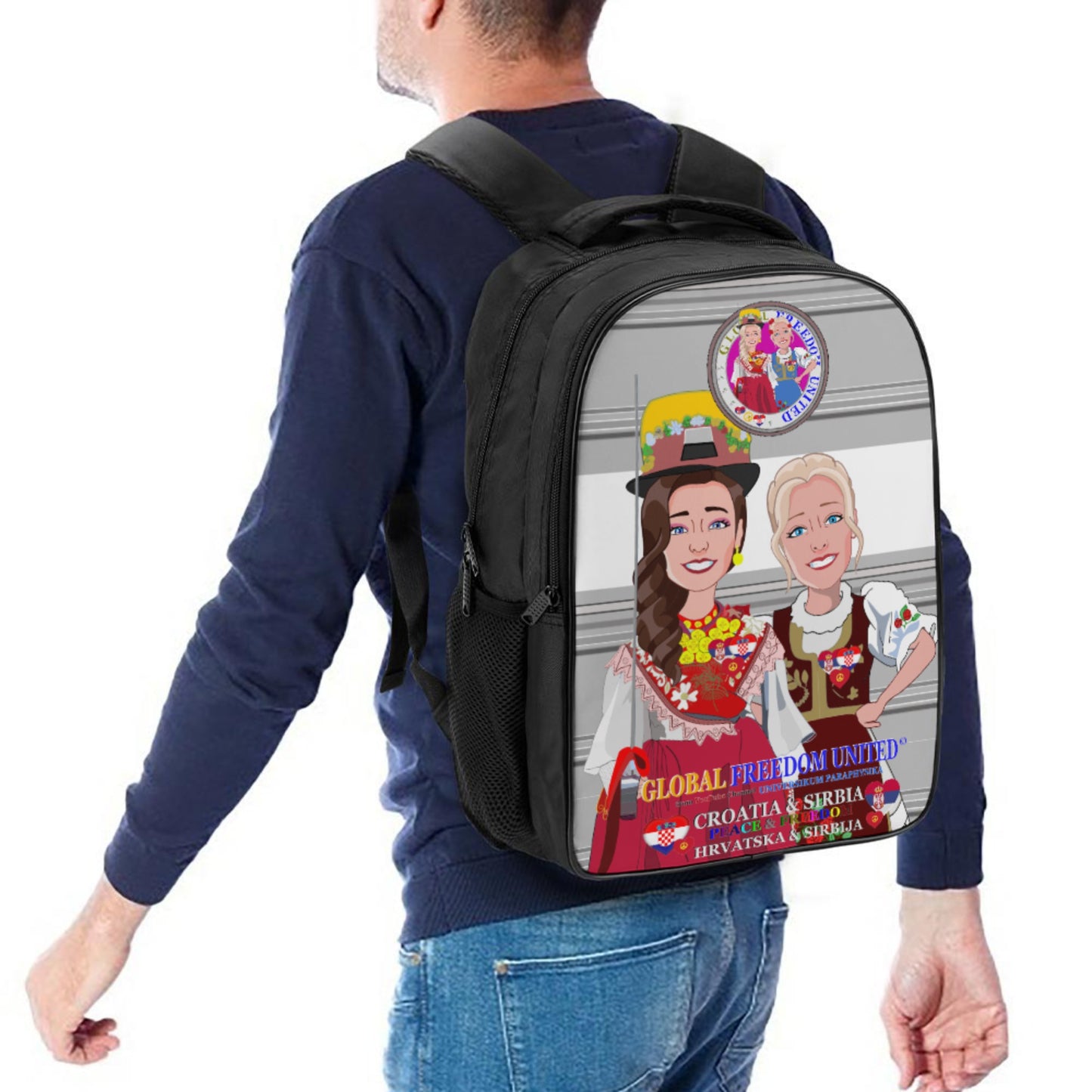 16 Inch 2 Compartment Backpack GLOBAL FREEDOM UNITED© Women Croatia & Serbia Old Peace Grey