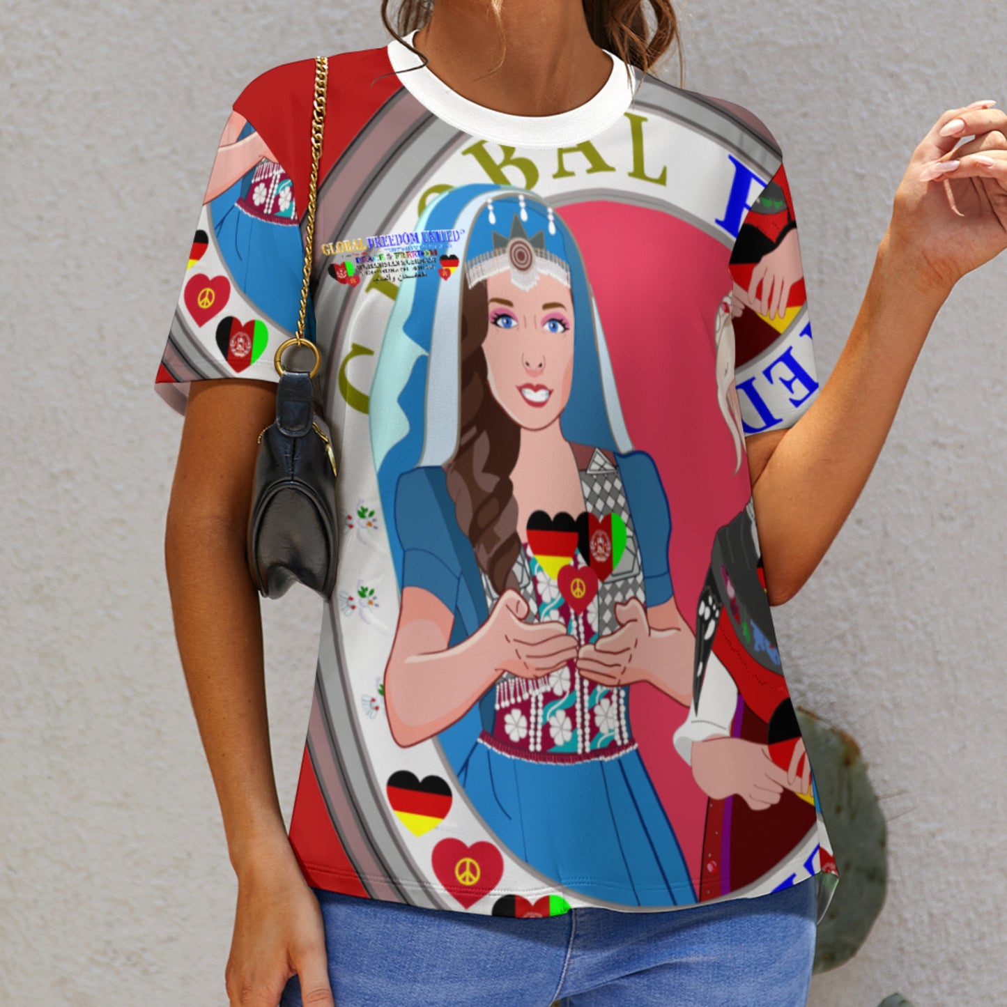 Full Print T-shirt Global Freedom United Women Afghanistan & Germany Old Peace Red