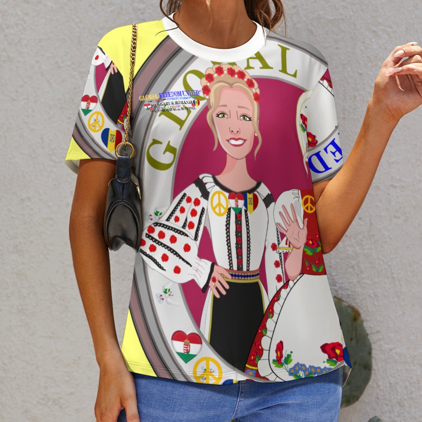 Full Print T-shirt 3 GLOBAL FREEDOM UNITED© Women Romania & Hungary Yellow