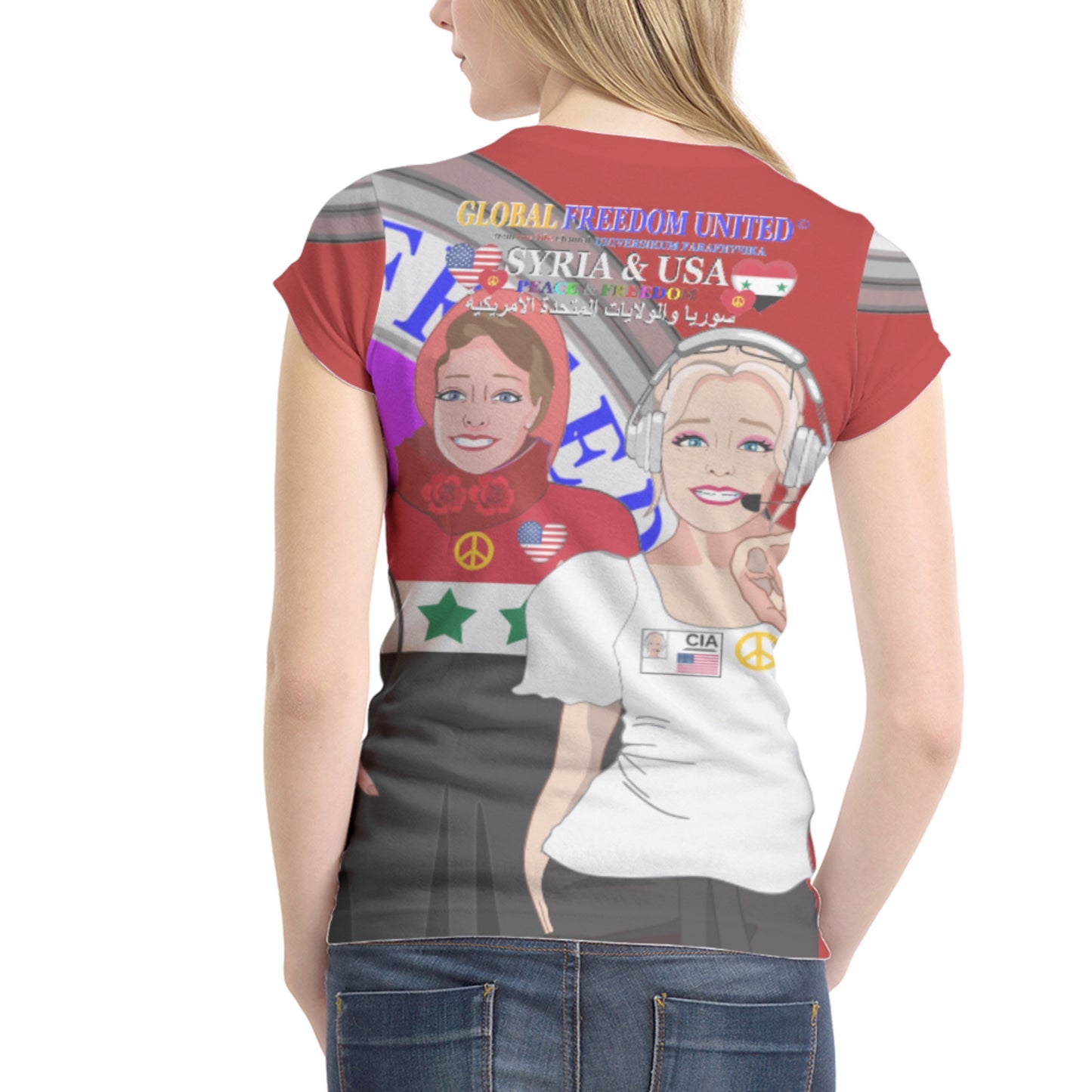 Women´s T-shirt 2 Global Freedom United Syria & Usa Old Peace Red