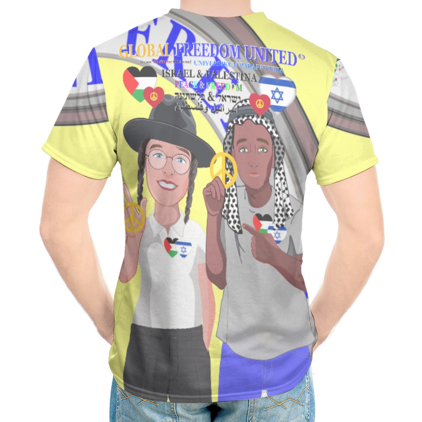 Men`s T-shirt 2 GLOBAL FREEDOM UNITED© Palestina & Israel Yellow