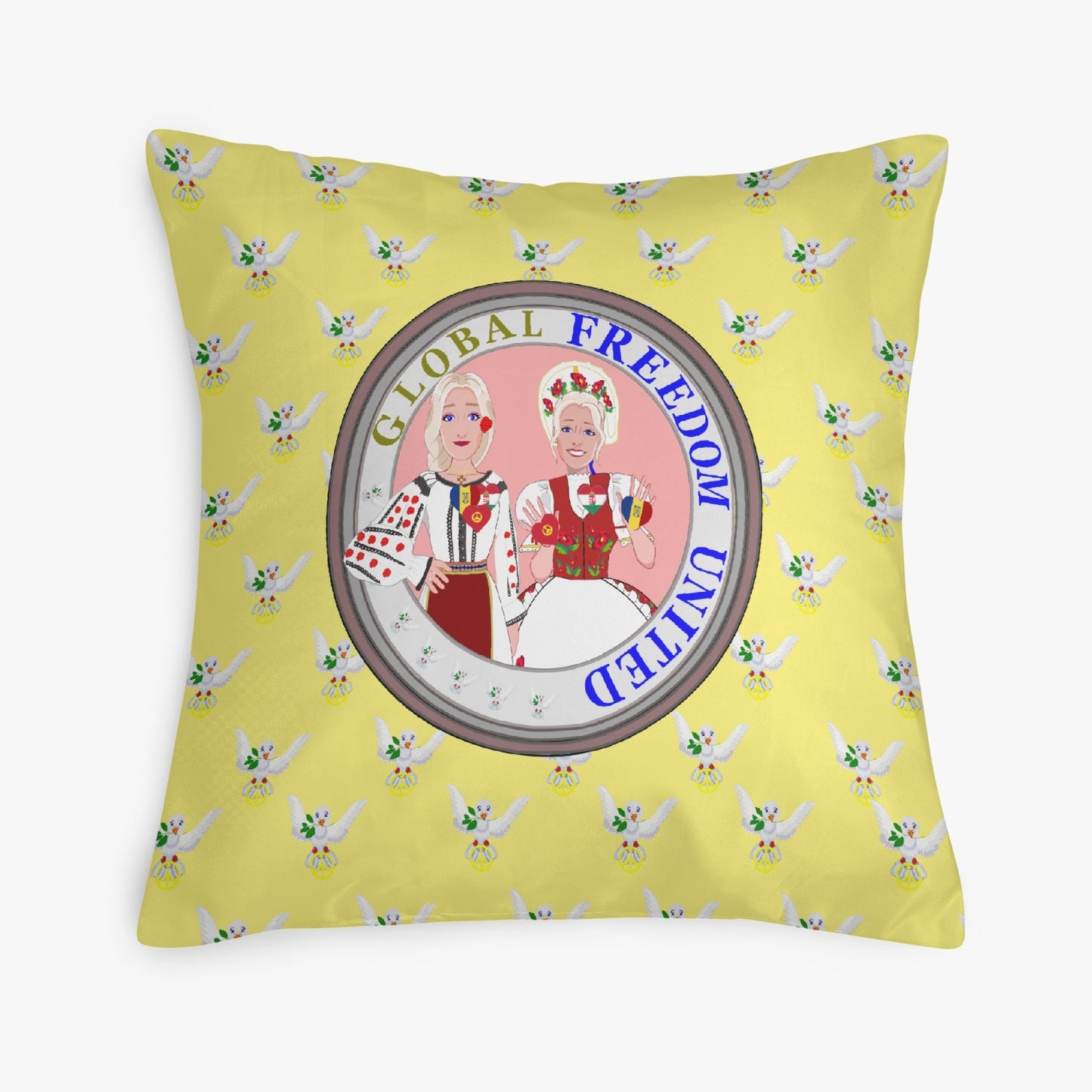 GLOBAL FREEDOM UNITED© Women ROMANIA & HUNGARY Yellow V1 18'' Square Pillow Cover