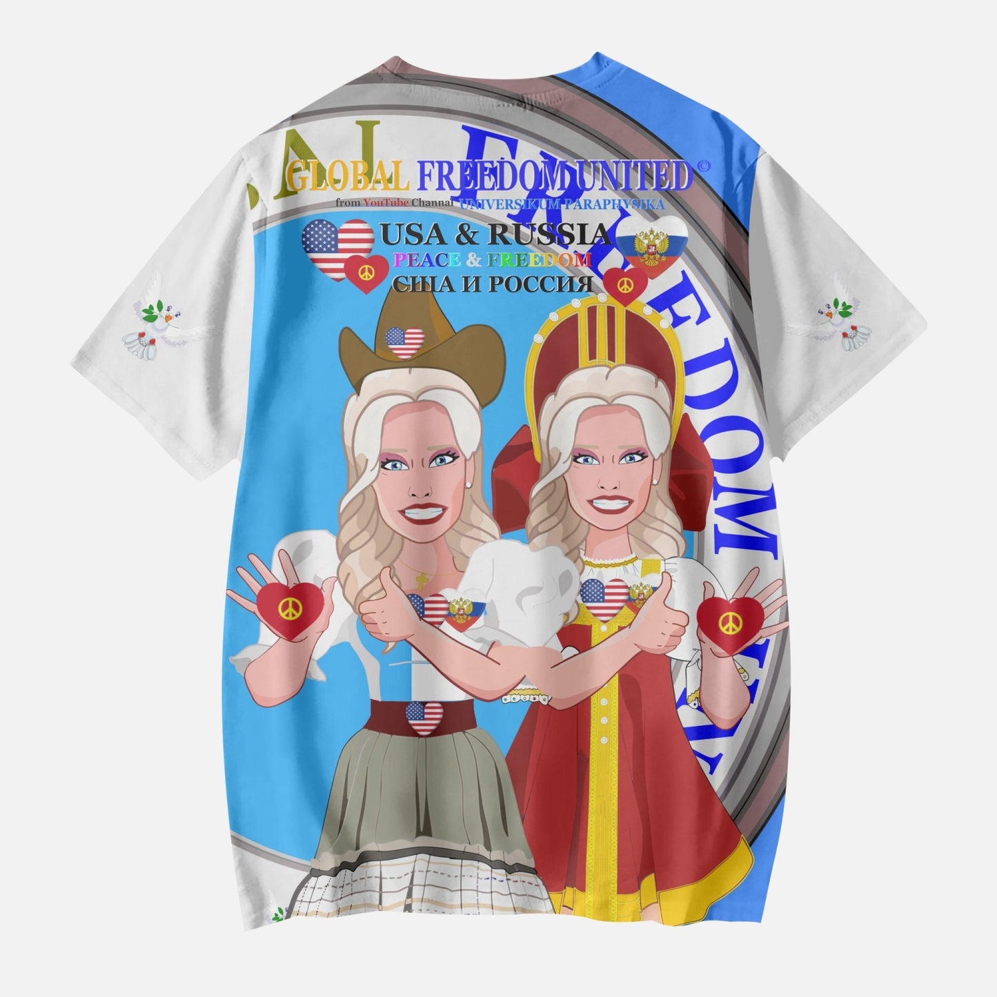 GLOBAL FREEDOM UNITED GIRLS USA & RUSSIA OLD PEACE BLUE AOP Kids' Short T-Shirts
