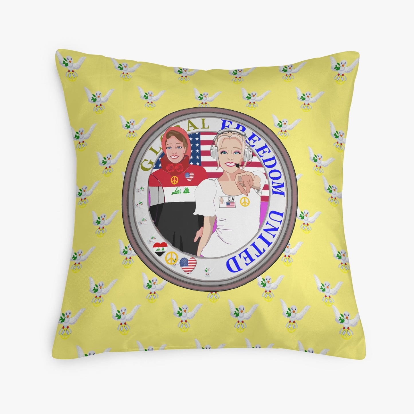 GLOBAL FREEDOM UNITED© Women IRAQ & USA YELLOW 18'' Square Pillow Cover