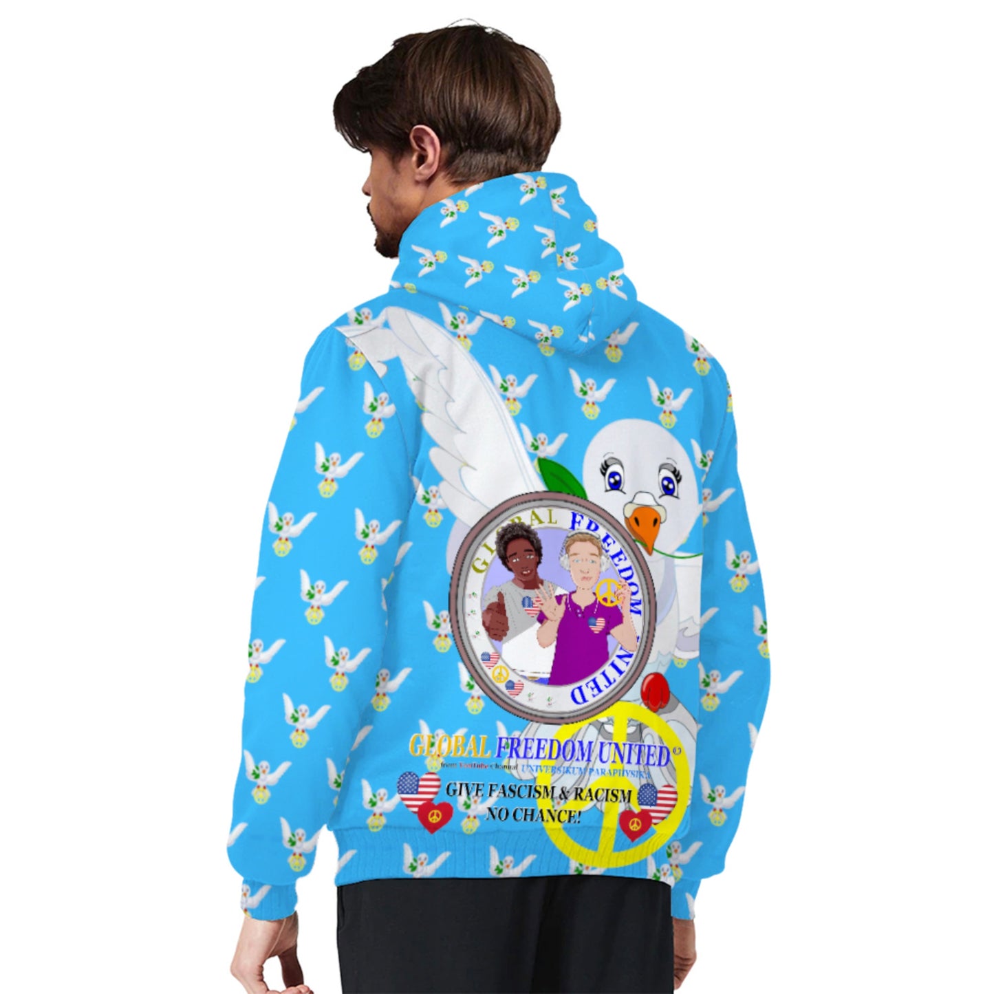 Plush Hoodie GLOBAL FREEDOM UNITED© Men Anti Fascism & Racism USA Blue