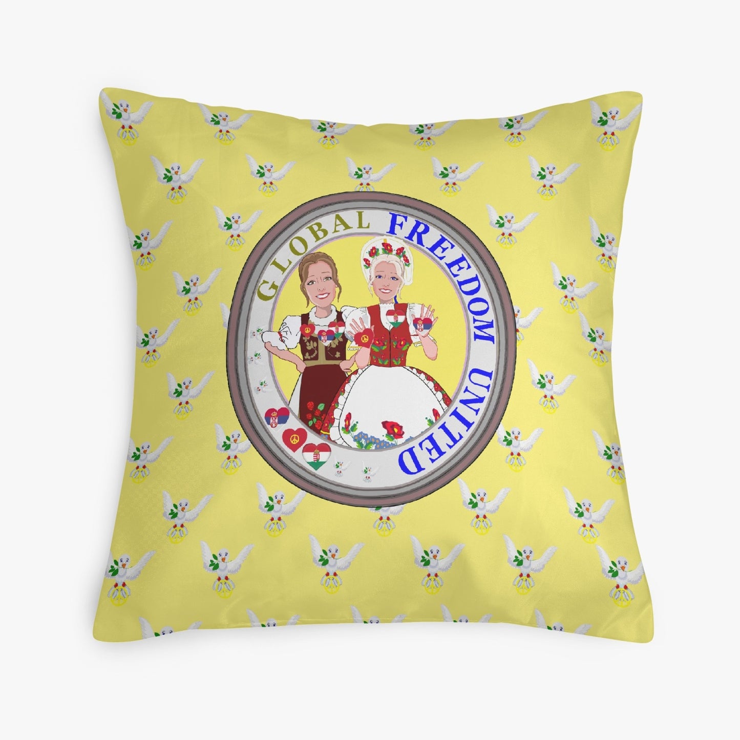 GLOBAL FREEDOM UNITED© Women SERBIA & HUNGARY Yellow 18'' Square Pillow Cover