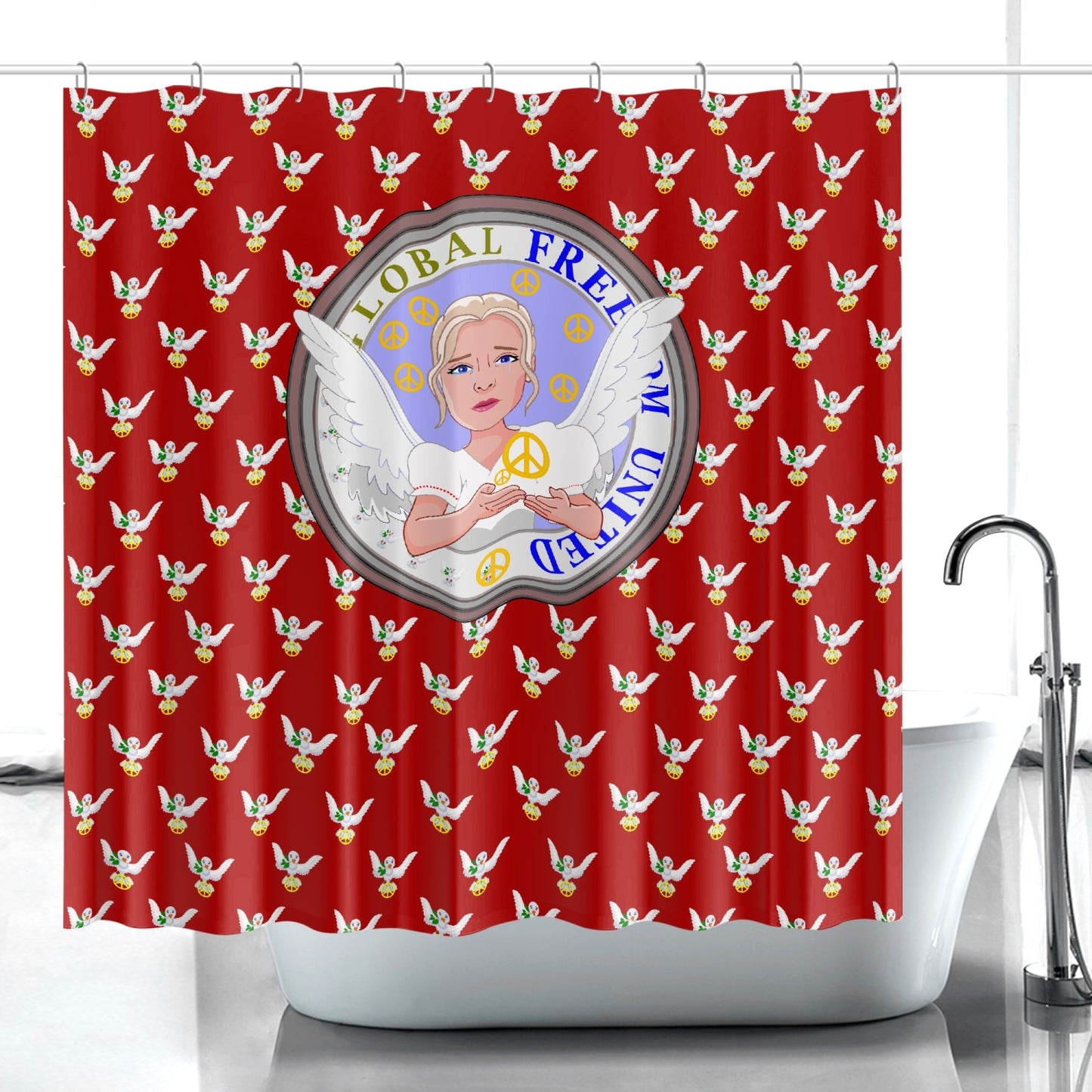 Quick-drying Shower Curtain GLOBAL FREEDOM UNITED WOMEN ANGEL OF PEACE RED