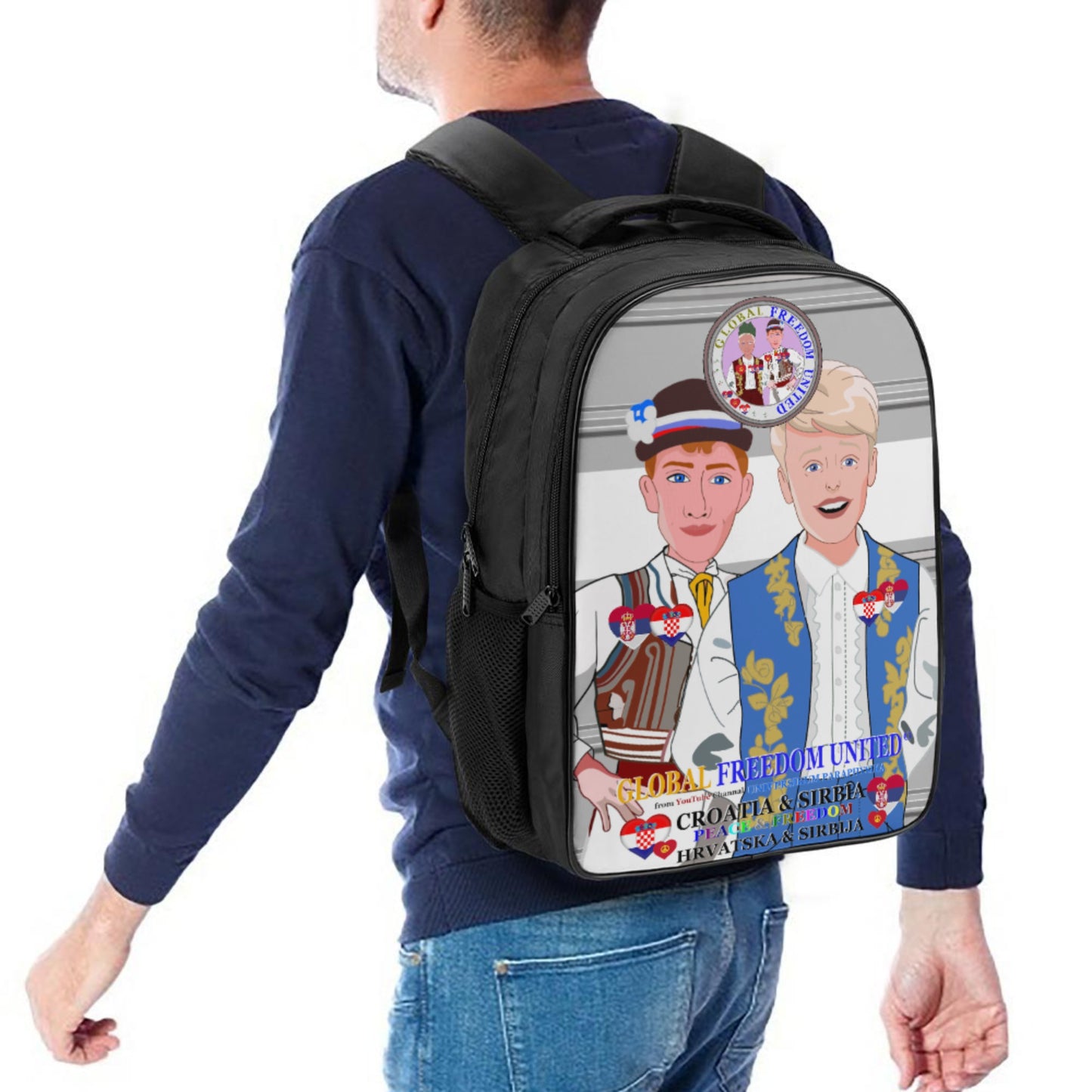 16 Inch 2 Compartment Backpack GLOBAL FREEDOM UNITED© Men Croatia & Serbia Old Peace Grey