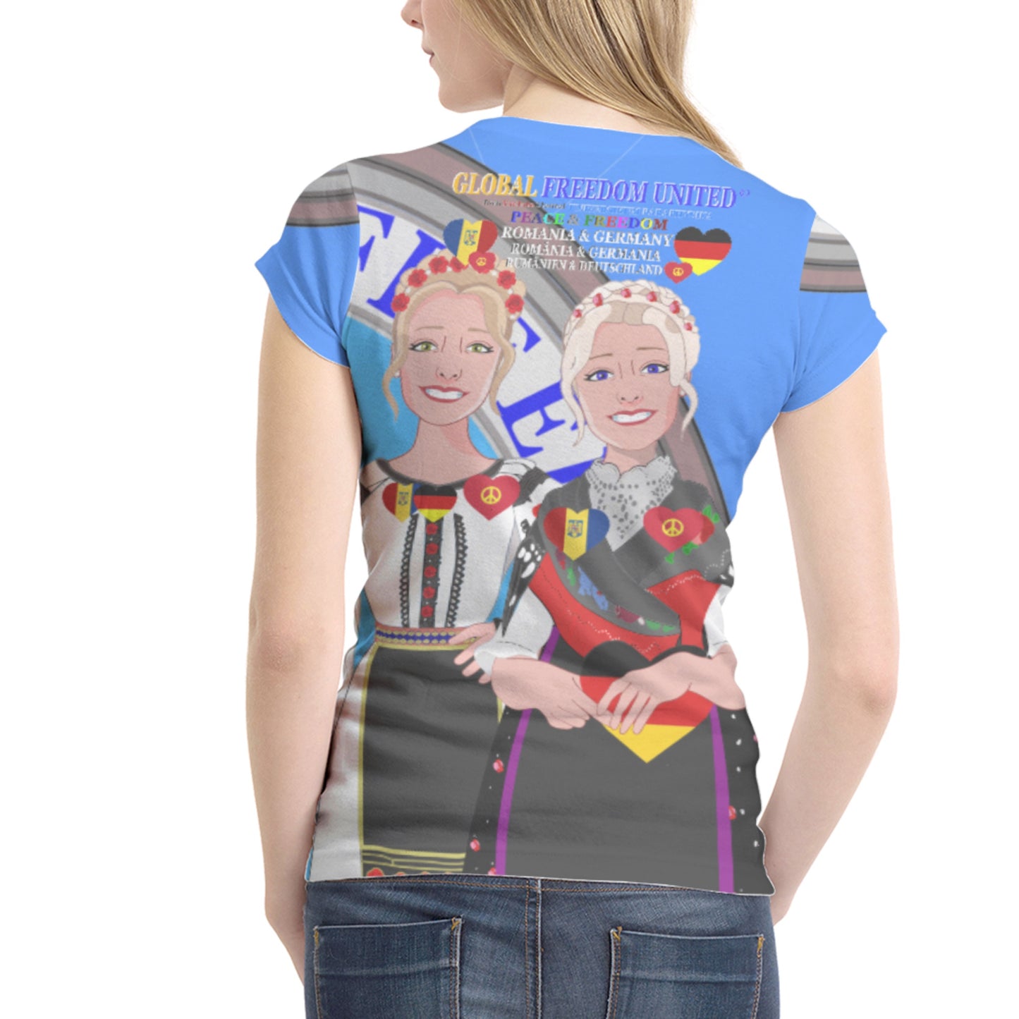 Women´s T-shirt 2 GLOBAL FREEDOM UNITED© Women Romania & Germany Blue