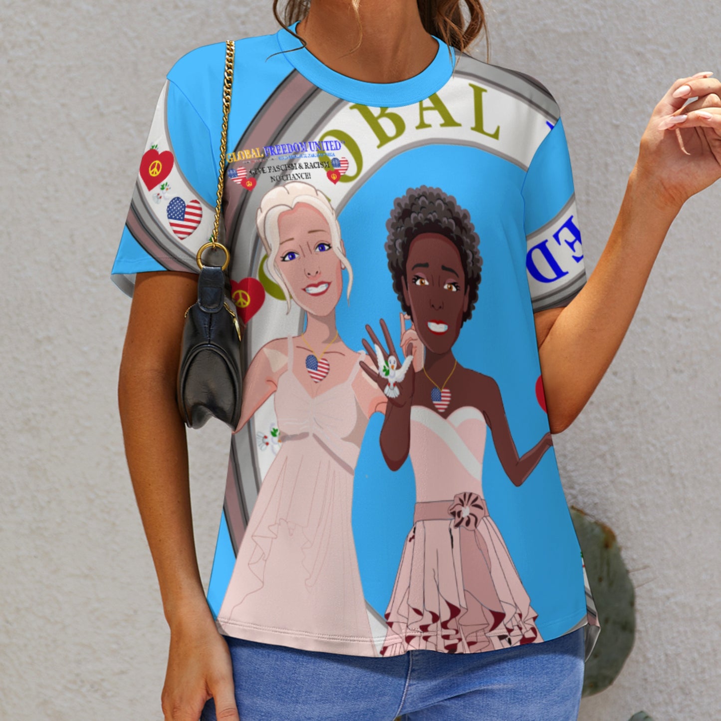 Women´s T-Shirt 3 GLOBAL FREEDOM UNITED© Women Anti Fascism & Racism USA Blue