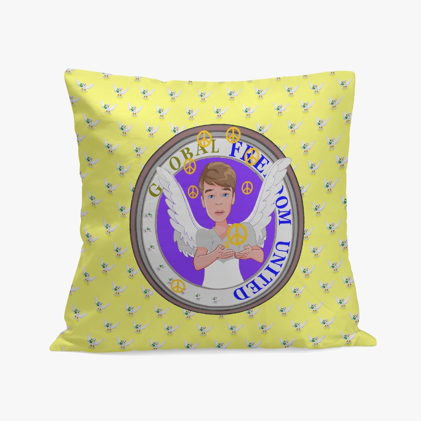 Square Pillow Cover GLOBAL FREEDOM UNITED MEN ANGEL OF PEACE YELLOW