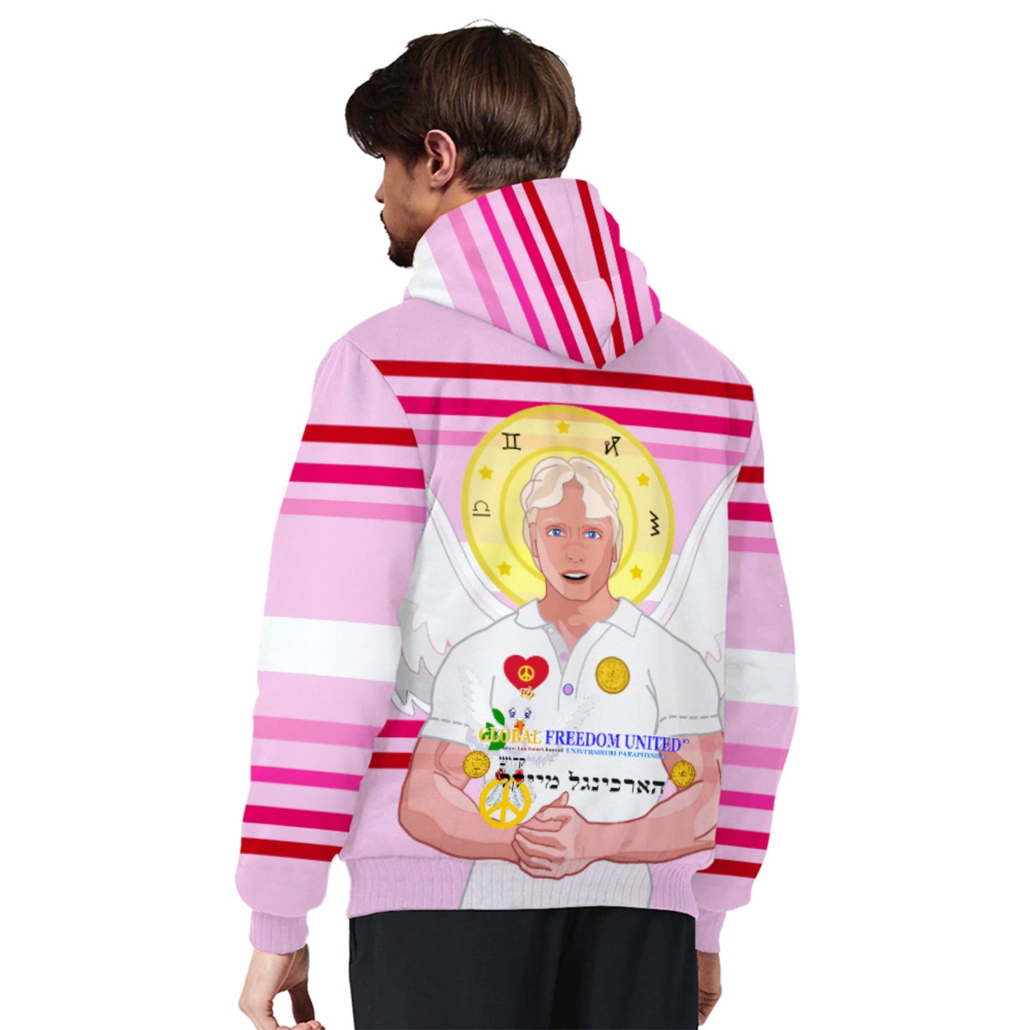 Plush Hoodie Global Freedom United Archangel Michael Hebrew Pink2