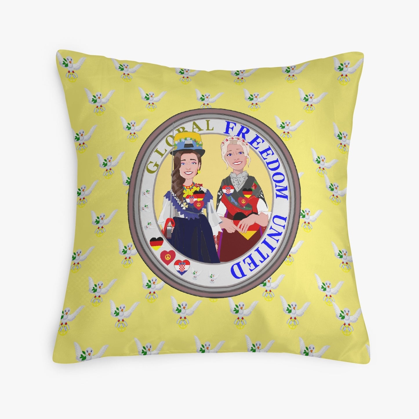 GLOBAL FREEDOM UNITED© Women CROATIA & GERMANY YELLOW V1 18'' Square Pillow Cover