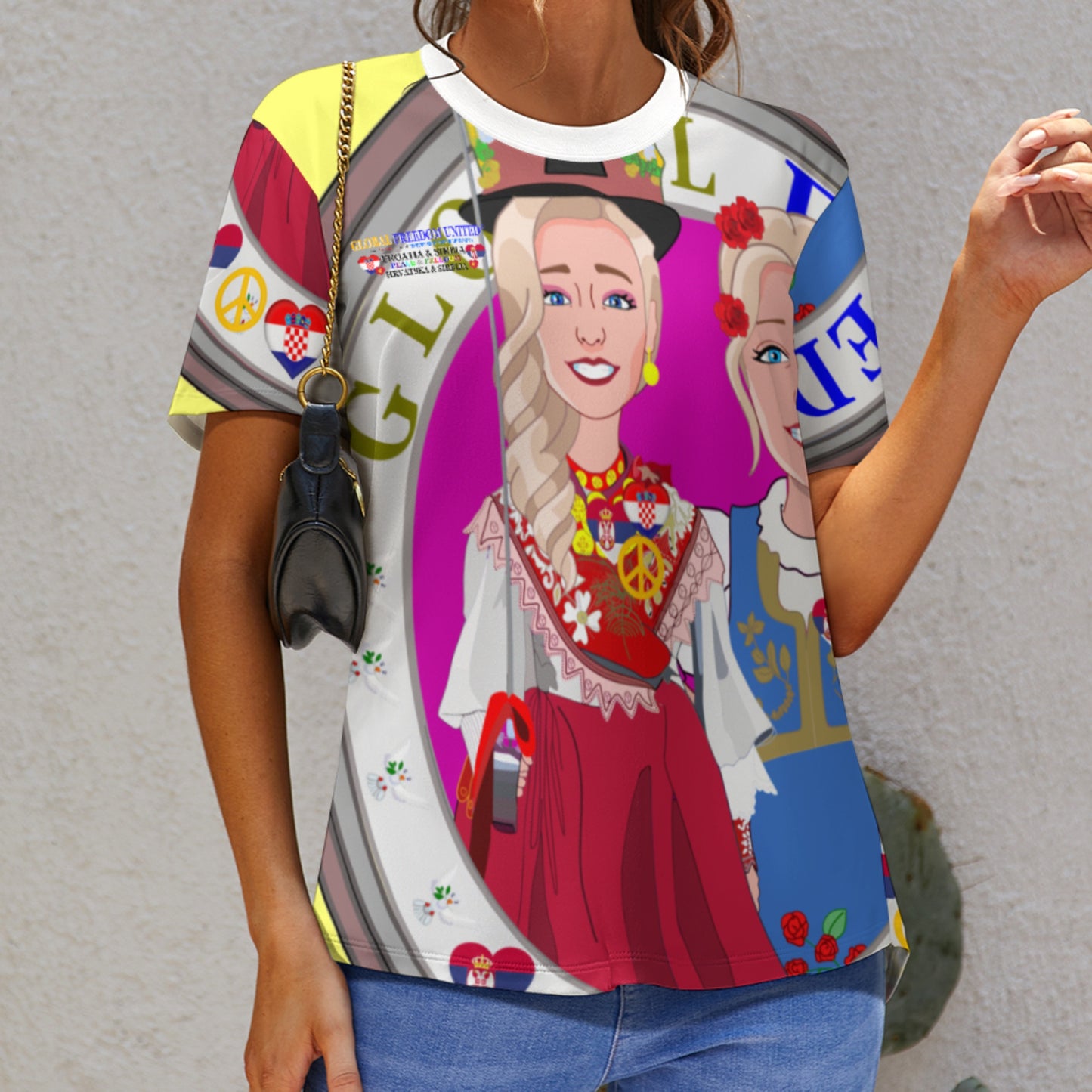 Women´s T-shirt 2 3 GLOBAL FREEDOM UNITED© Women Croatia & Serbia Blondi Yellow
