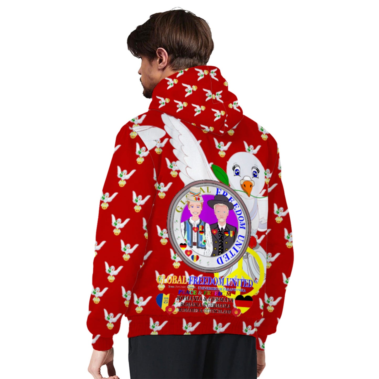 Plush Hoodie GLOBAL FREEDOM UNITED© Men Romania & Germany Red