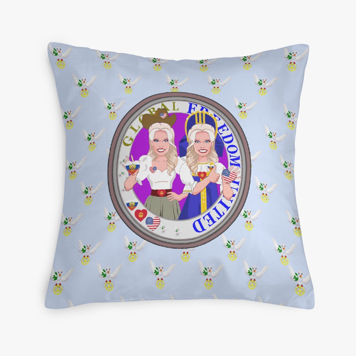 GLOBAL FREEDOM UNITED© Women RUSSIA & USA LIGHT BLUE 18'' Square Pillow Cover