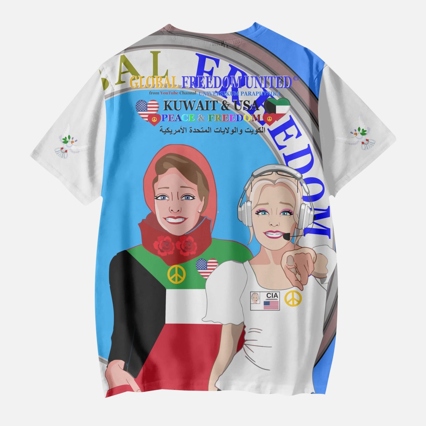 GLOBAL FREEDOM UNITED GIRLS KUWAIT & USA OLD PEACE BLUE AOP Kids' Short T-Shirts
