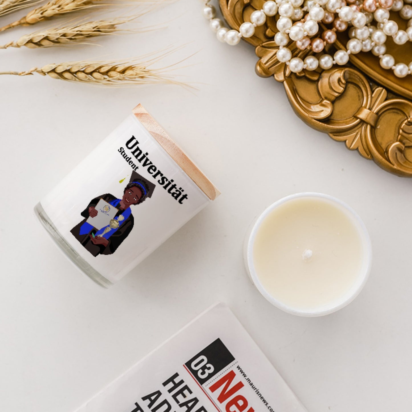 Scented Soy Candle Global Freedom United Afro Student Boy Golden Place