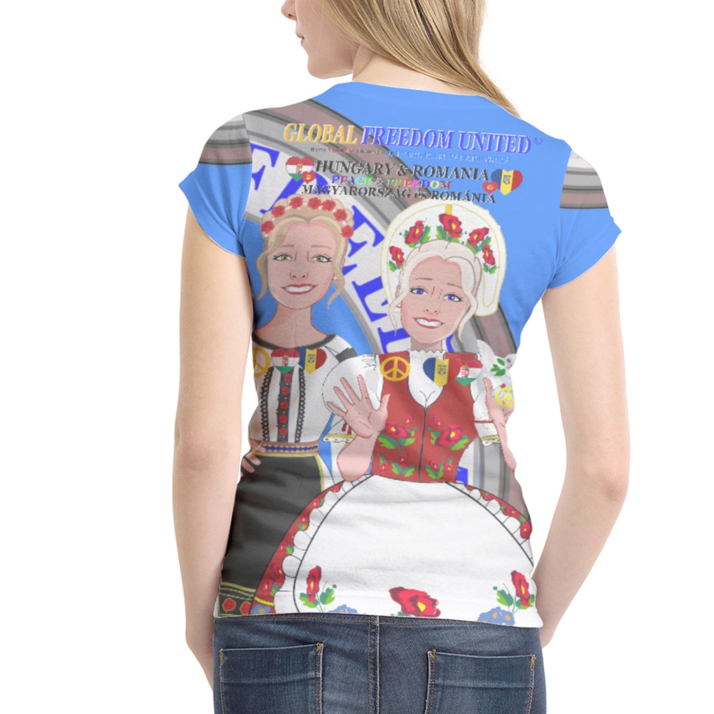 Women´s T-shirt 2 GLOBAL FREEDOM UNITED© Women Romania & Hungary Blue