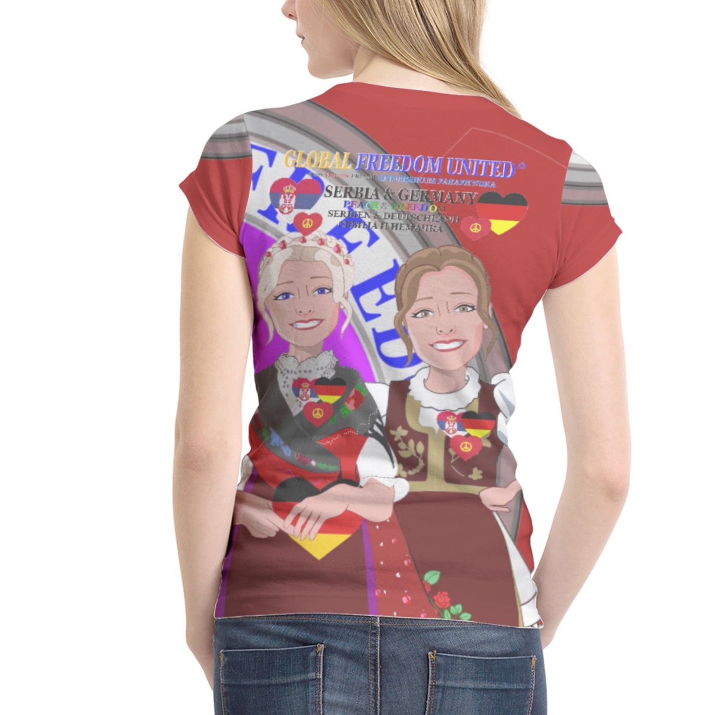Women´s T-shirt 1 GLOBAL FREEDOM UNITED© Women Serbia & Germany V2 Red