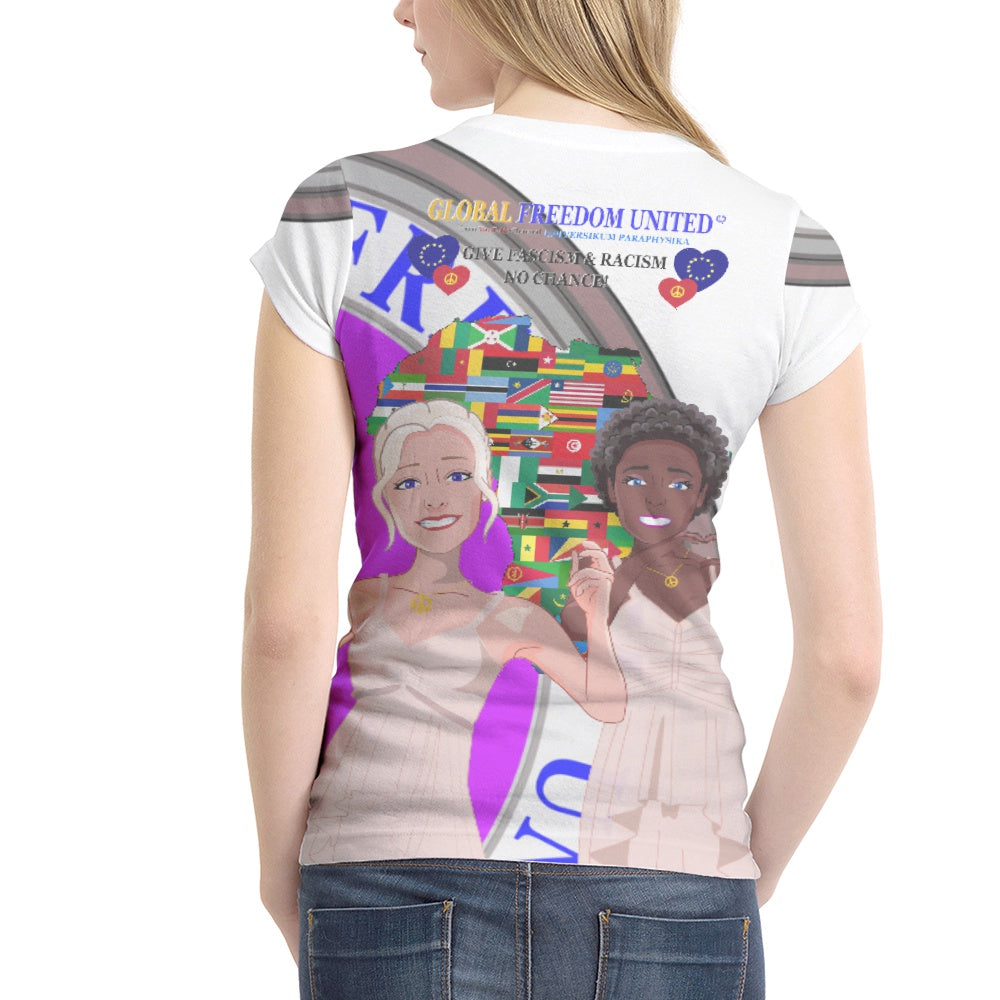 Women´s T-shirt GLOBAL FREEDOM UNITED© Women Anti Fascism & Racism Africa Wight and Pink