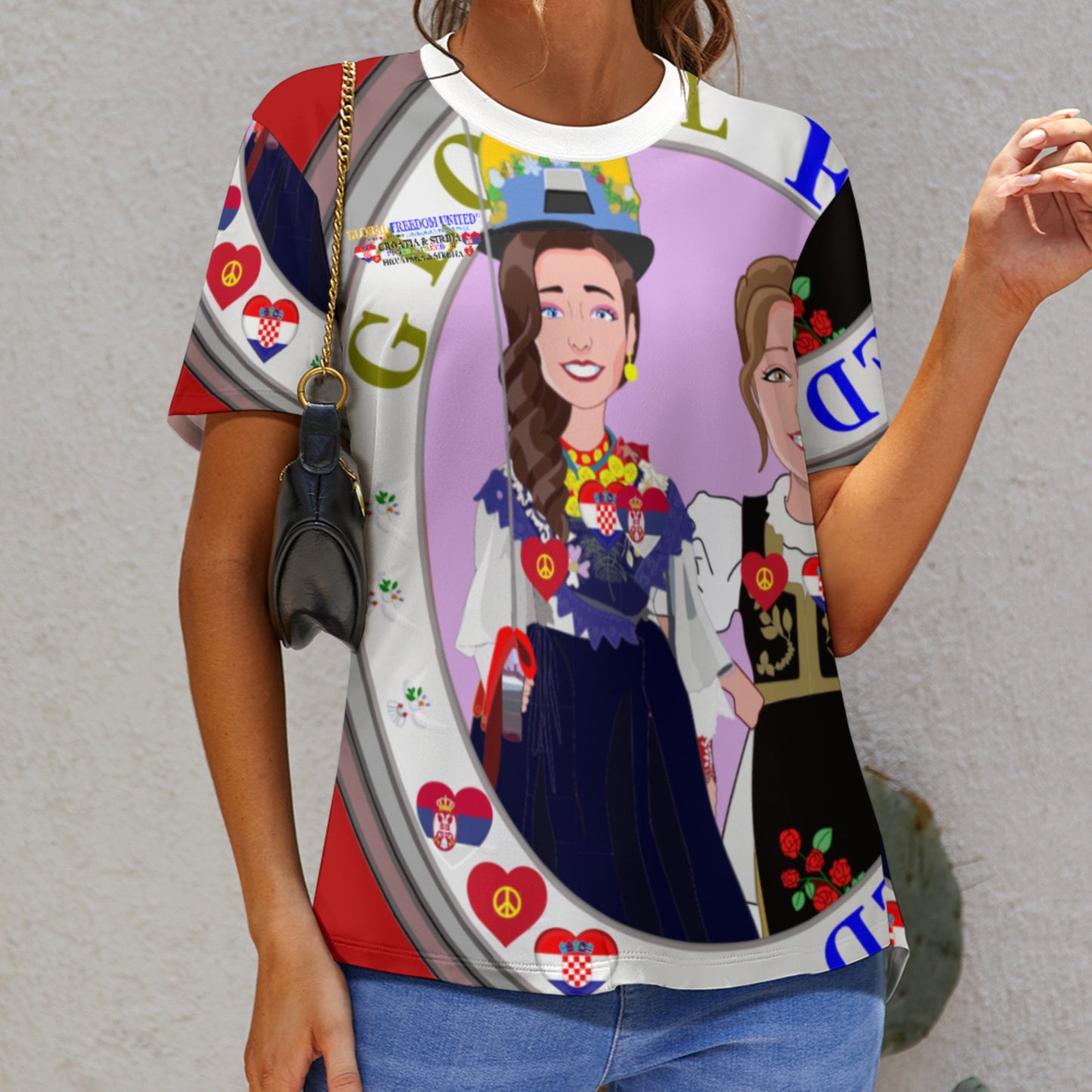 Women´s T-shirt 2 Global Freedom United Women Croatia & Serbia Old Peace Red
