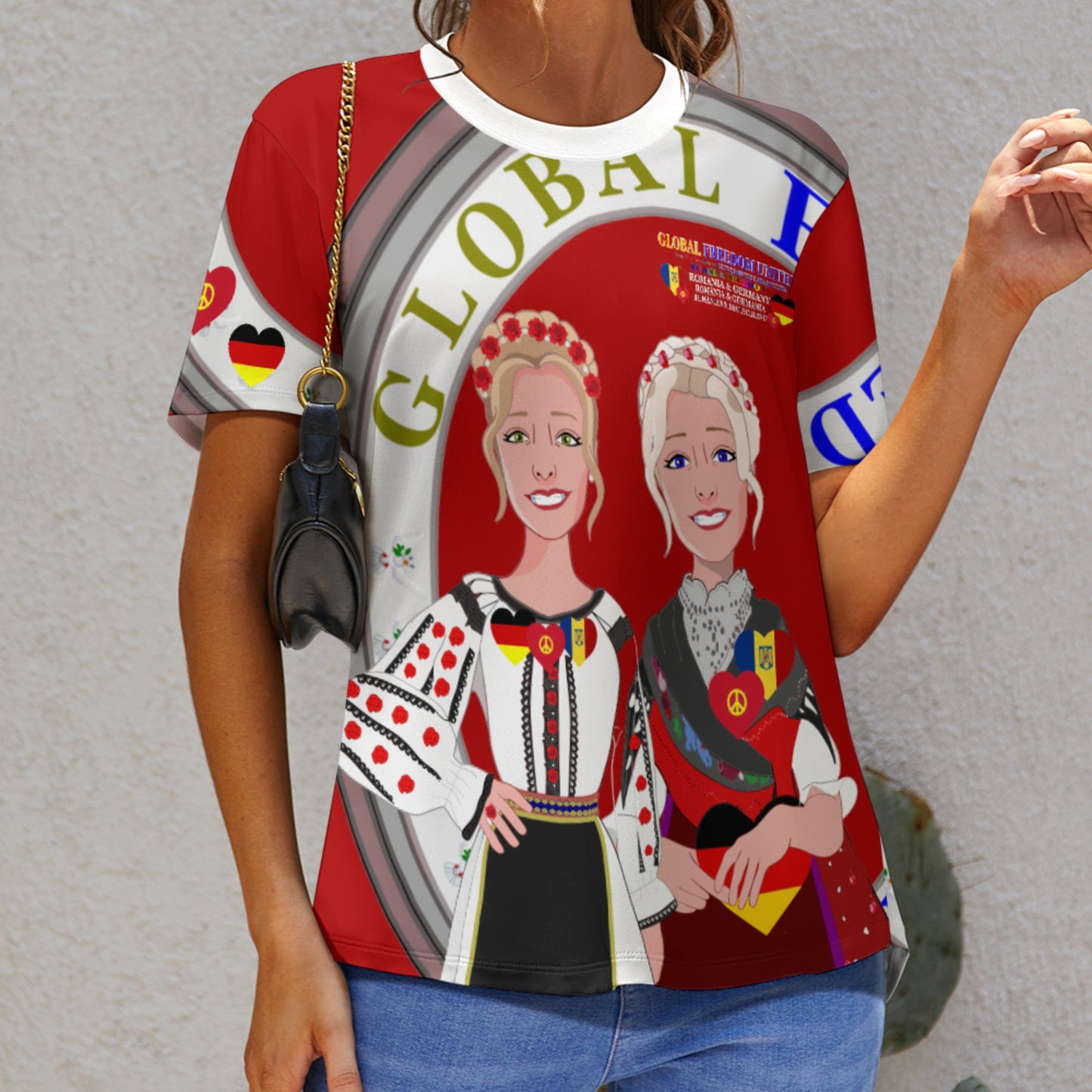 Women´s T-shirt 3 GLOBAL FREEDOM UNITED© Romania & Germany Red