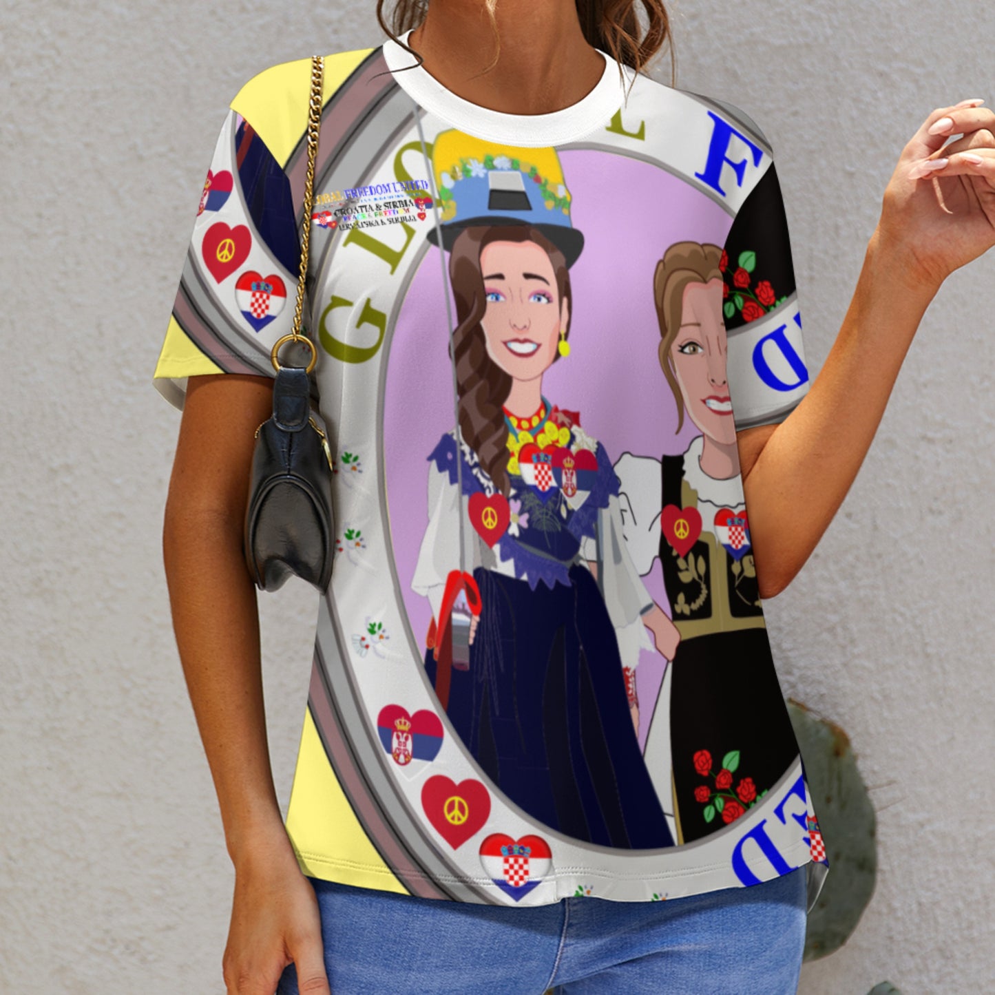 Women´s T-shirt 2 Global Freedom United Women Croatia & Serbia Old Peace Yellow