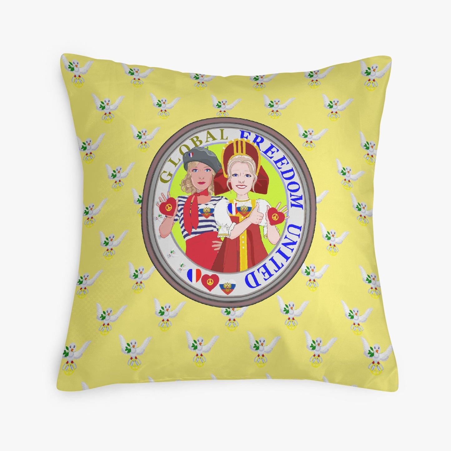 GLOBAL FREEDOM UNITED© Women FRENCH & RUSSIA Yellow 18'' Square Pillow Cover