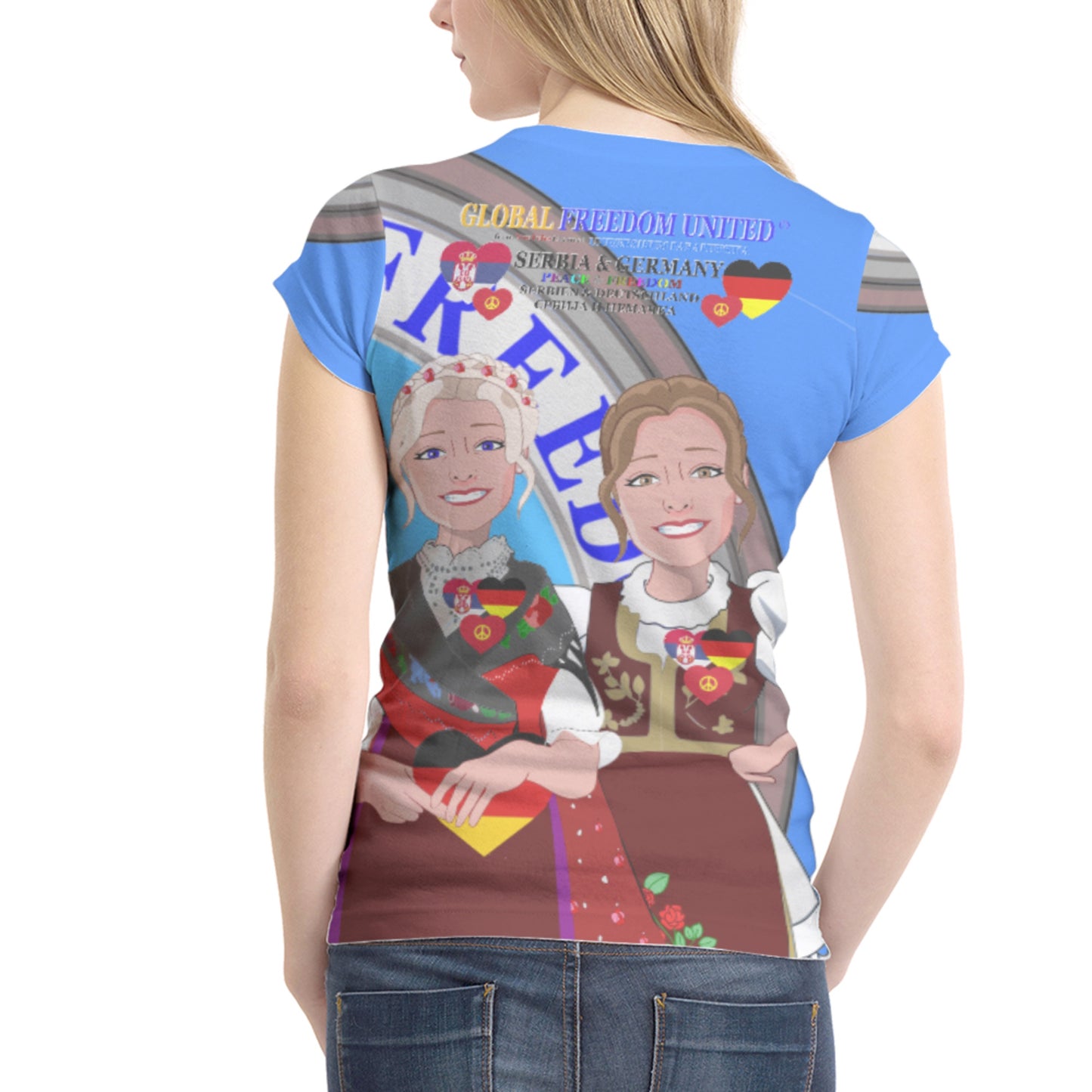 Women´s T-shirt 1 GLOBAL FREEDOM UNITED© Women Serbia & Germany V2 Blue