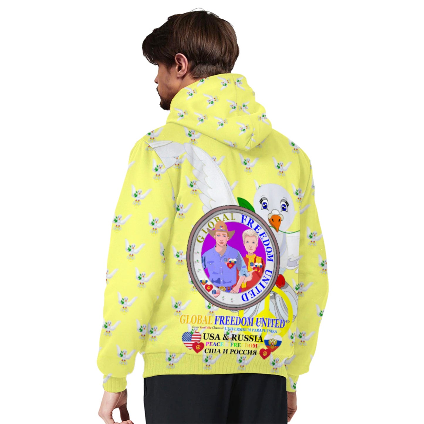 Plush Hoodie GLOBAL FREEDOM UNITED© Men Russia & USA Yellow