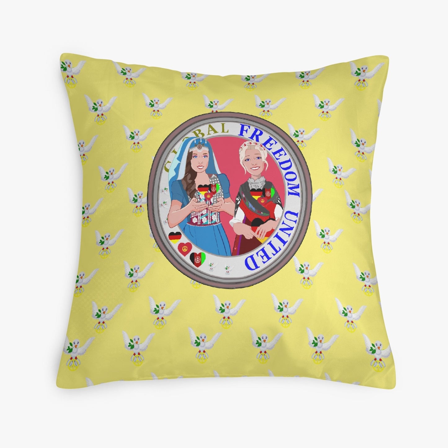 GLOBAL FREEDOM UNITED© Women AFGHANISTAN & GERMANY YELLOW 18'' Square Pillow Cover