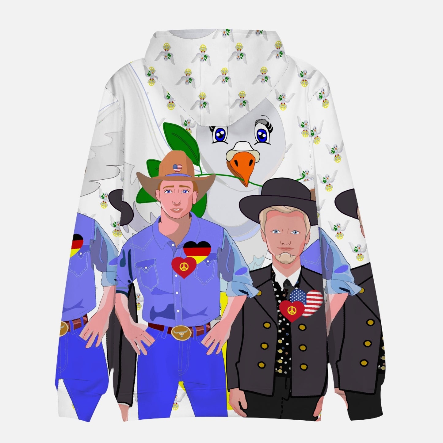 ROUND COLLAR HOODIE GLOBAL FREEDOM UNITED MEN USA & GERMANY OLD PEACE DOVE OF PEACE