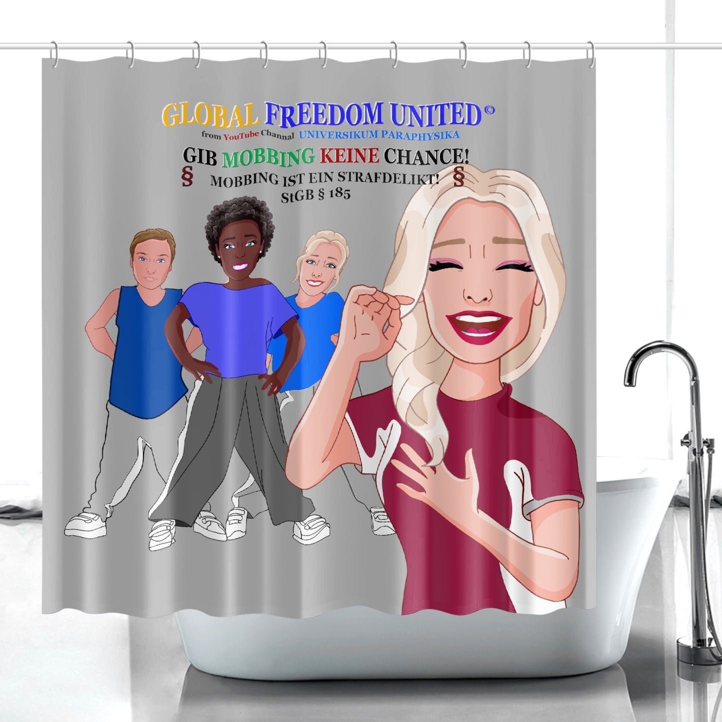 Quick-drying Shower Curtain GLOBAL FREEDOM UNITED GIB MOBBING KEINE CHANCE GERMAN GREY