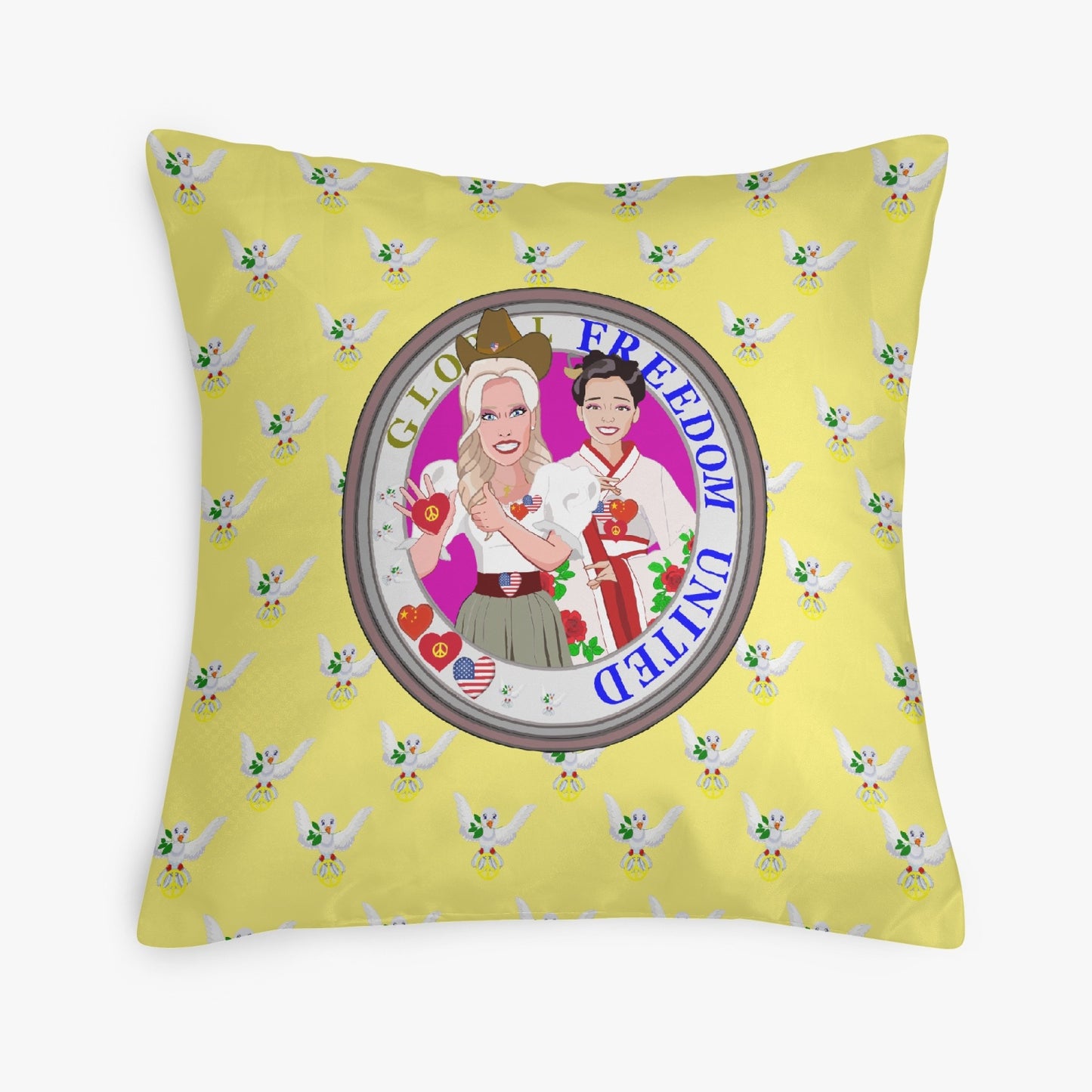 GLOBAL FREEDOM UNITED© Women CHINA & USA Yellow 18'' Square Pillow Cover