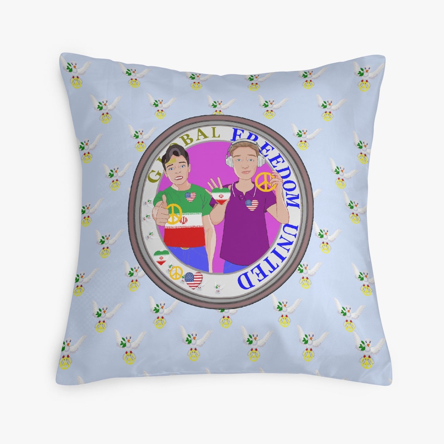 GLOBAL FREEDOM UNITED© Men IRAN & USA LIGHT BLUE 18'' Square Pillow Cover