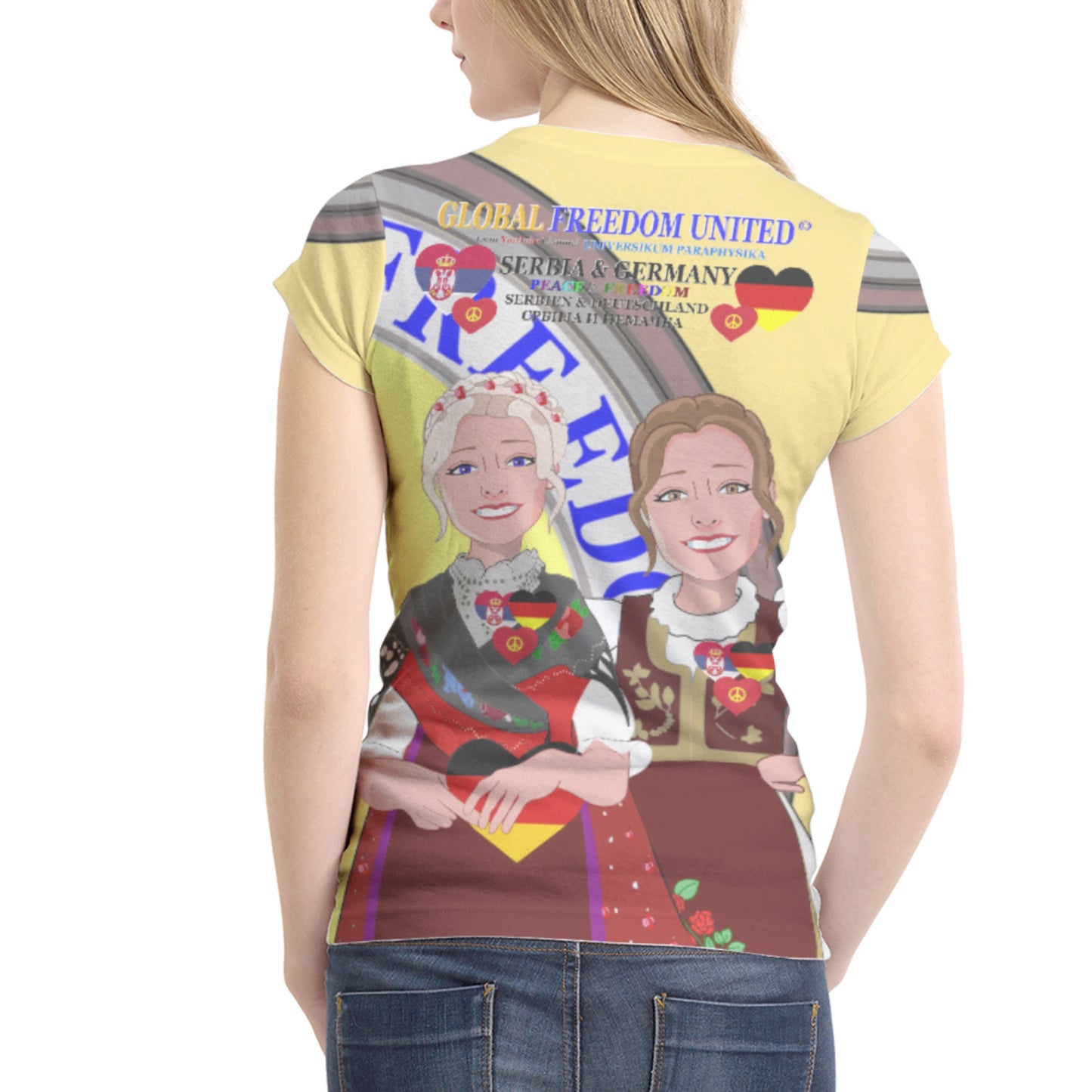 Women´s T-shirt 1 GLOBAL FREEDOM UNITED© Women Serbia & Germany V2 Yellow