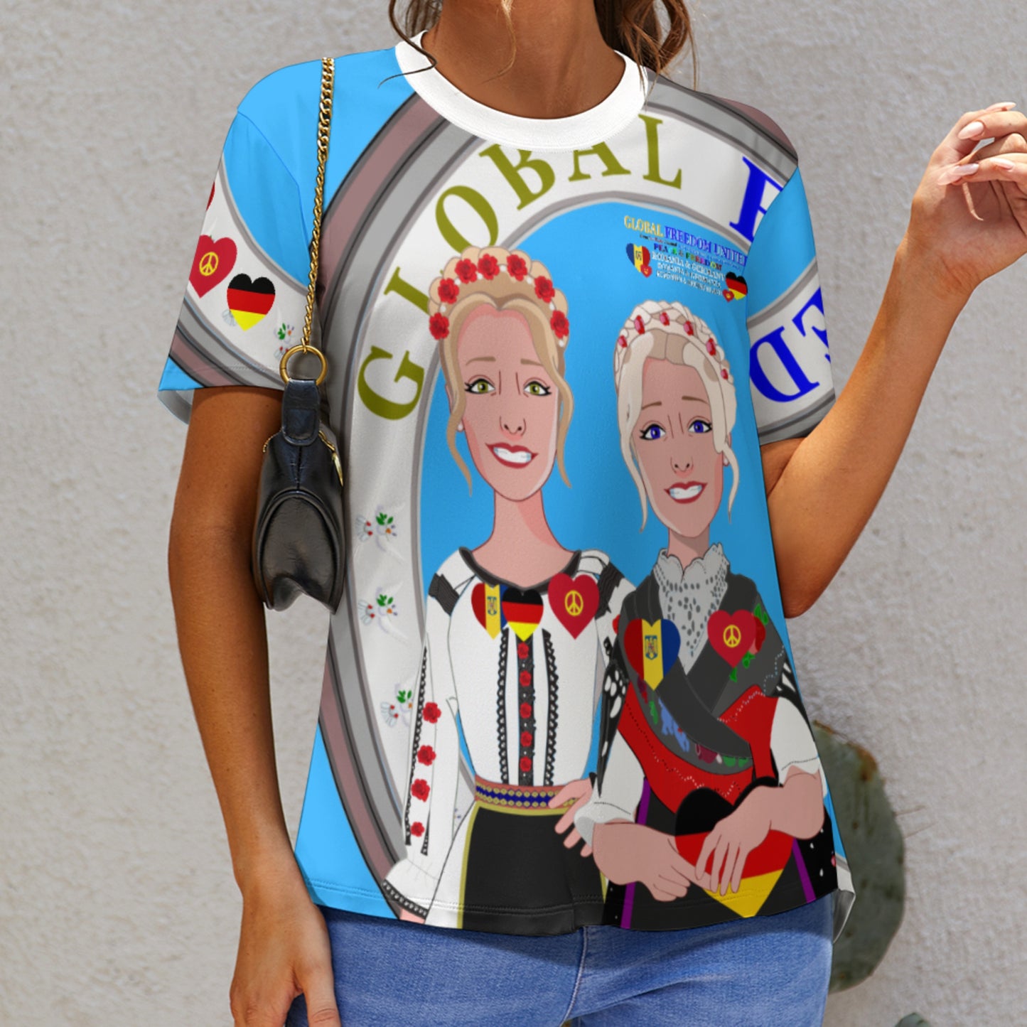 Women´s T-shirt 3 GLOBAL FREEDOM UNITED© Women Romania & Germany Blue