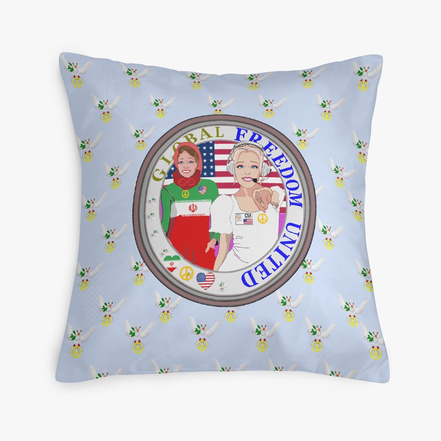 GLOBAL FREEDOM UNITED© Women IRAN & USA LIGHT BLUE 18'' Square Pillow Cover