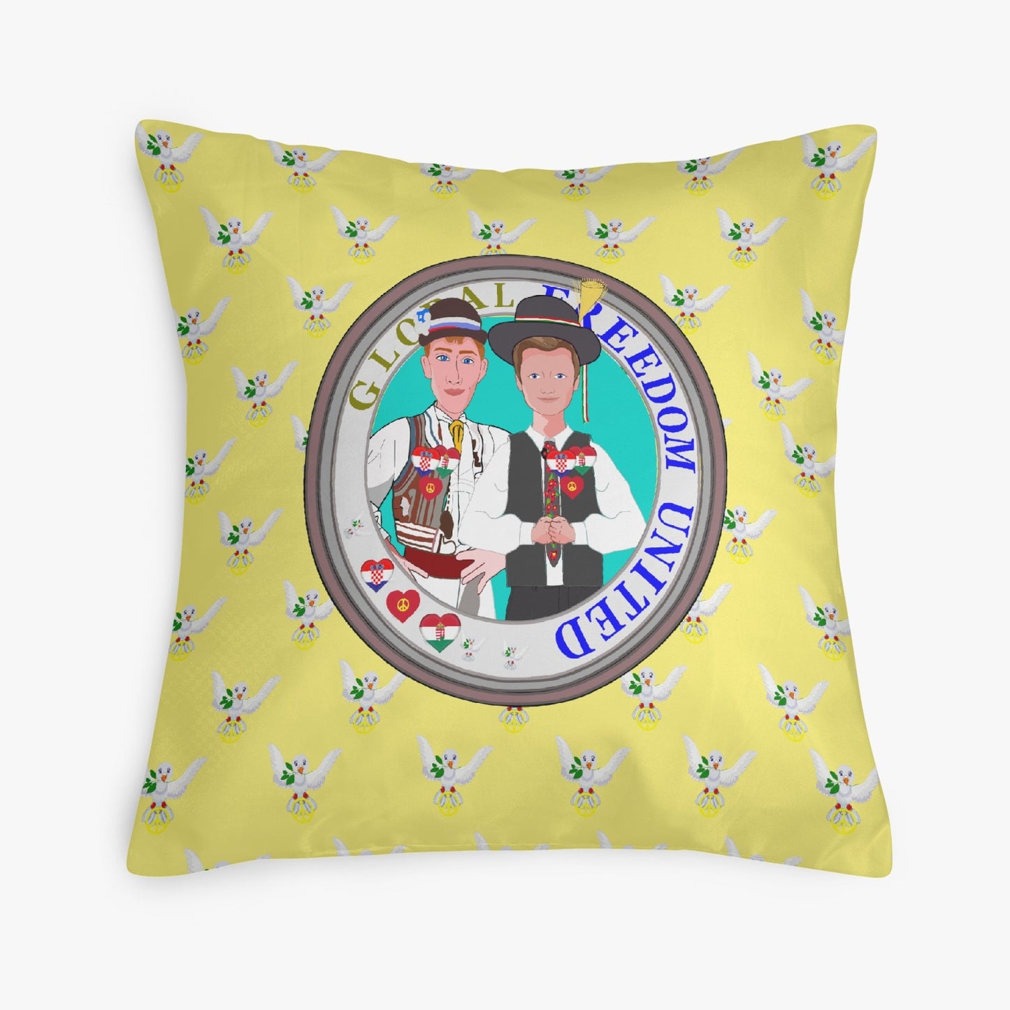 GLOBAL FREEDOM UNITED© Men CROATIA & HUNGARY Yellow 18'' Square Pillow Cover