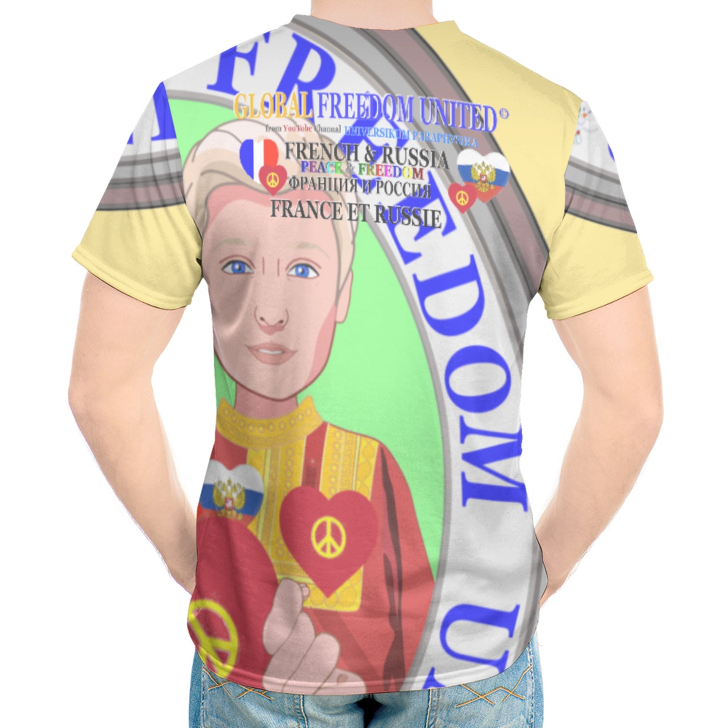 Mens´s T-shirt GLOBAL FREEDOM UNITED© French & Russia Old Peace Yellow Version 2