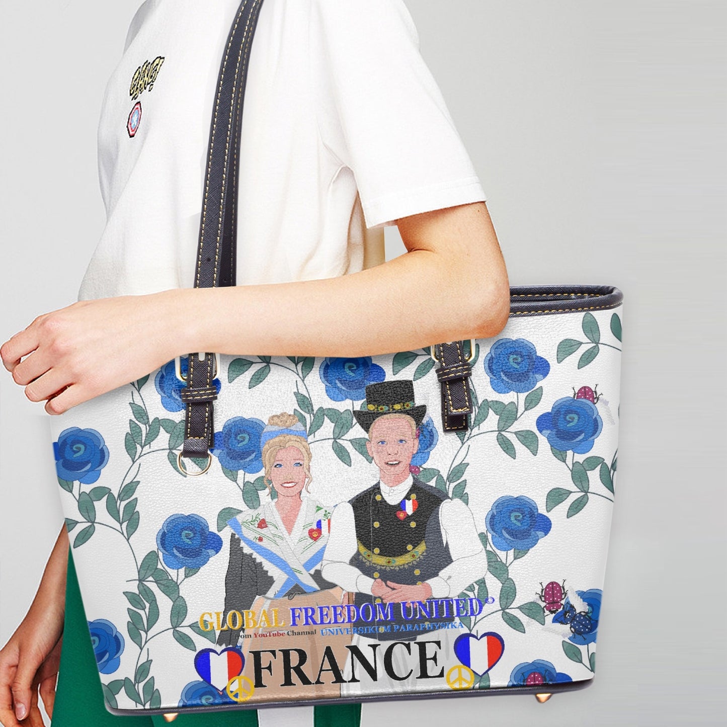 GLOBAL FREEDOM UNITED© Couple French Blue Roses - Large Leather Tote Bag for Women