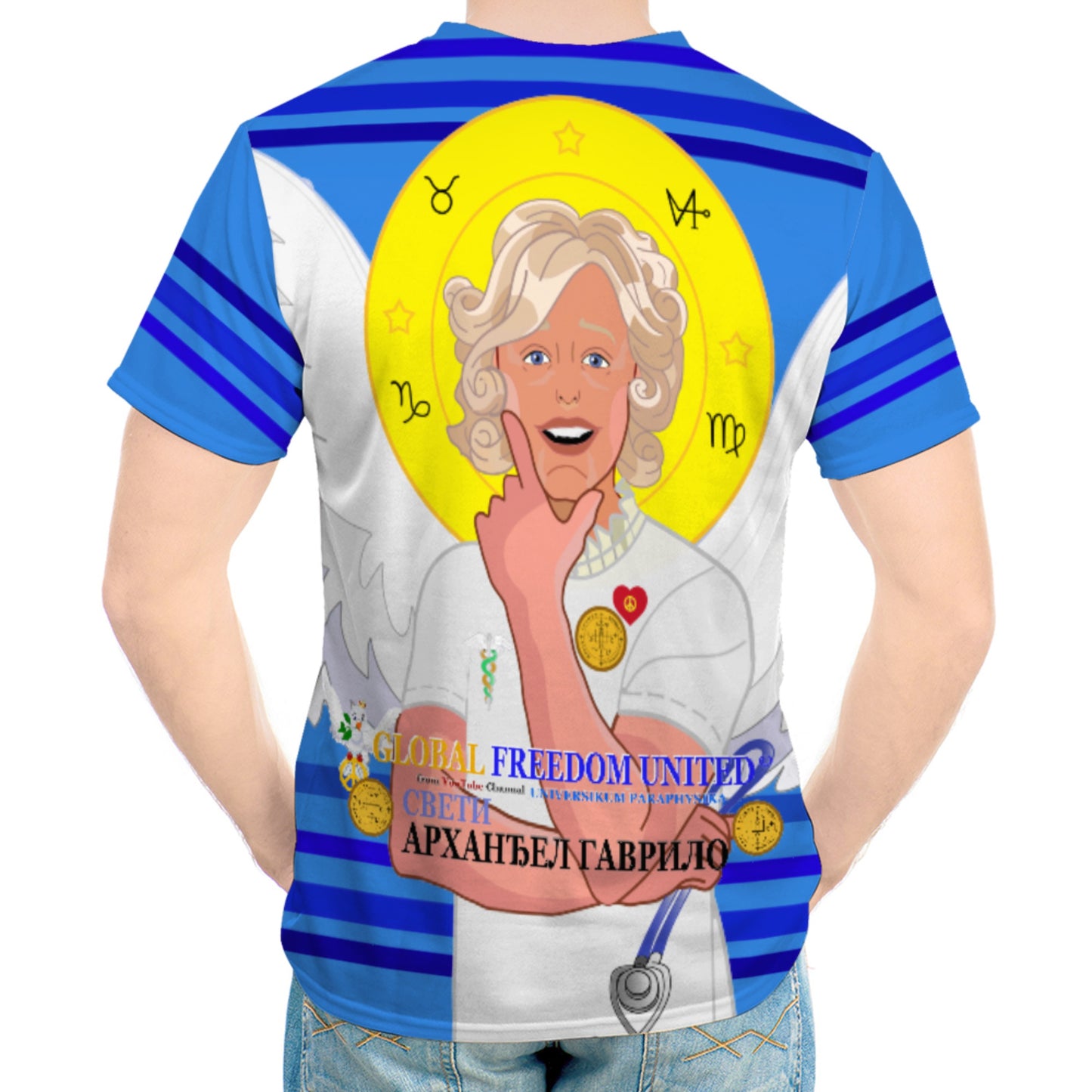 Men´s T-shirt GLOBAL FREEDOM UNITED© Archangel Gabriel Wight Dove Of Peace Serbia Deep Blue