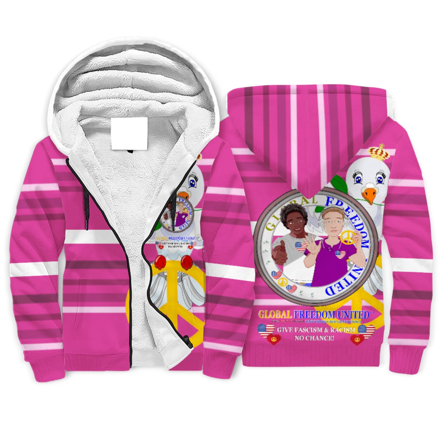 Plush Hoodie GLOBAL FREEDOM UNITED© Men Anti Racism & Fascism USA  Pink2