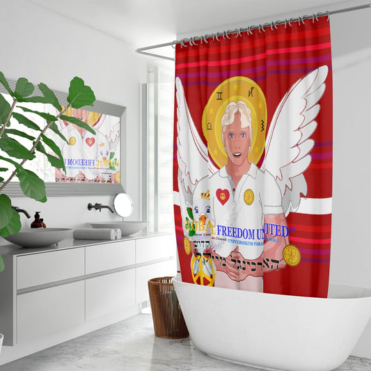 Quick-drying Shower Curtain GLOBAL FREEDOM UNITED ARCHANGEL MICHAEL HEBREW RED