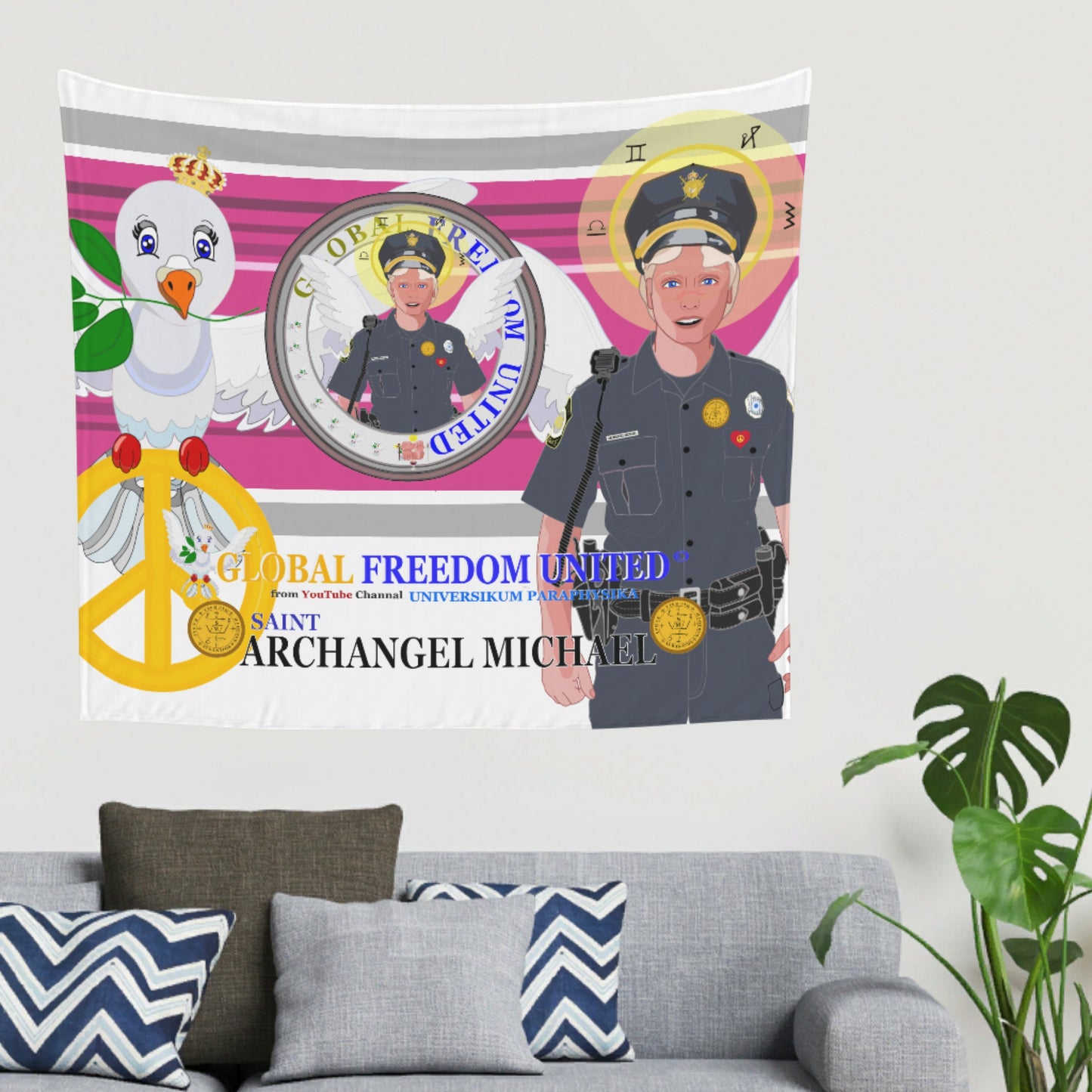 Tapestry GLOBAL FREEDOM UNITED© Archangel Michael As Policemen Pink2