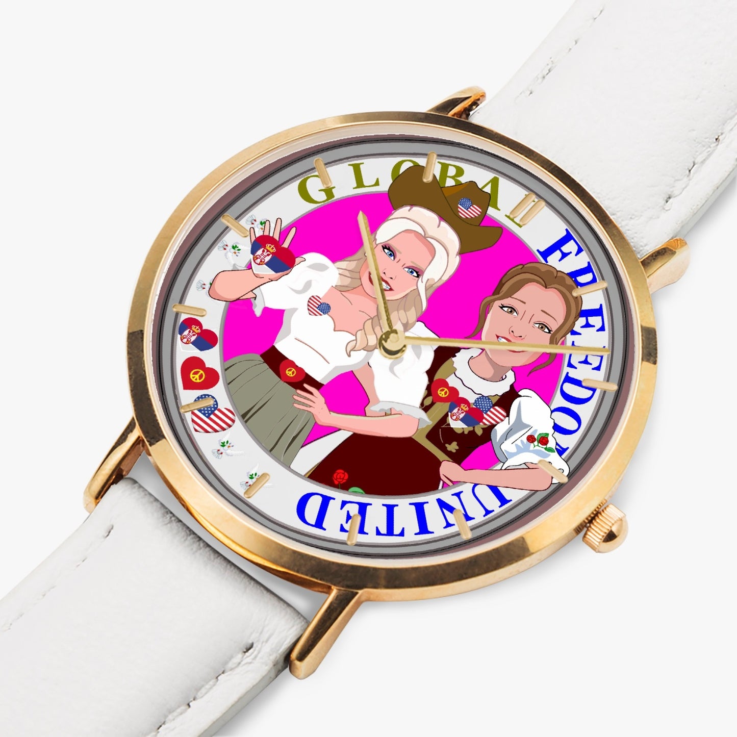 GLOBAL FREEDOM UNITED© Hot Selling Ultra-Thin Leather Strap Quartz Watch (Rose Gold With Indicators) Women Serbia & USA