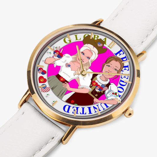 GLOBAL FREEDOM UNITED© Hot Selling Ultra-Thin Leather Strap Quartz Watch (Rose Gold With Indicators) Women Serbia & USA